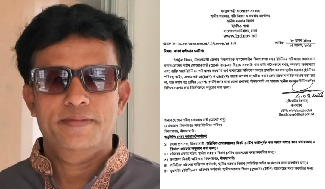 সরকারি খাস জমি দখলের অভিযোগ প্রমাণিত চেয়ারম্যান গ্রেনেট বাবুকে কারণ দর্শানোর নোটিশ